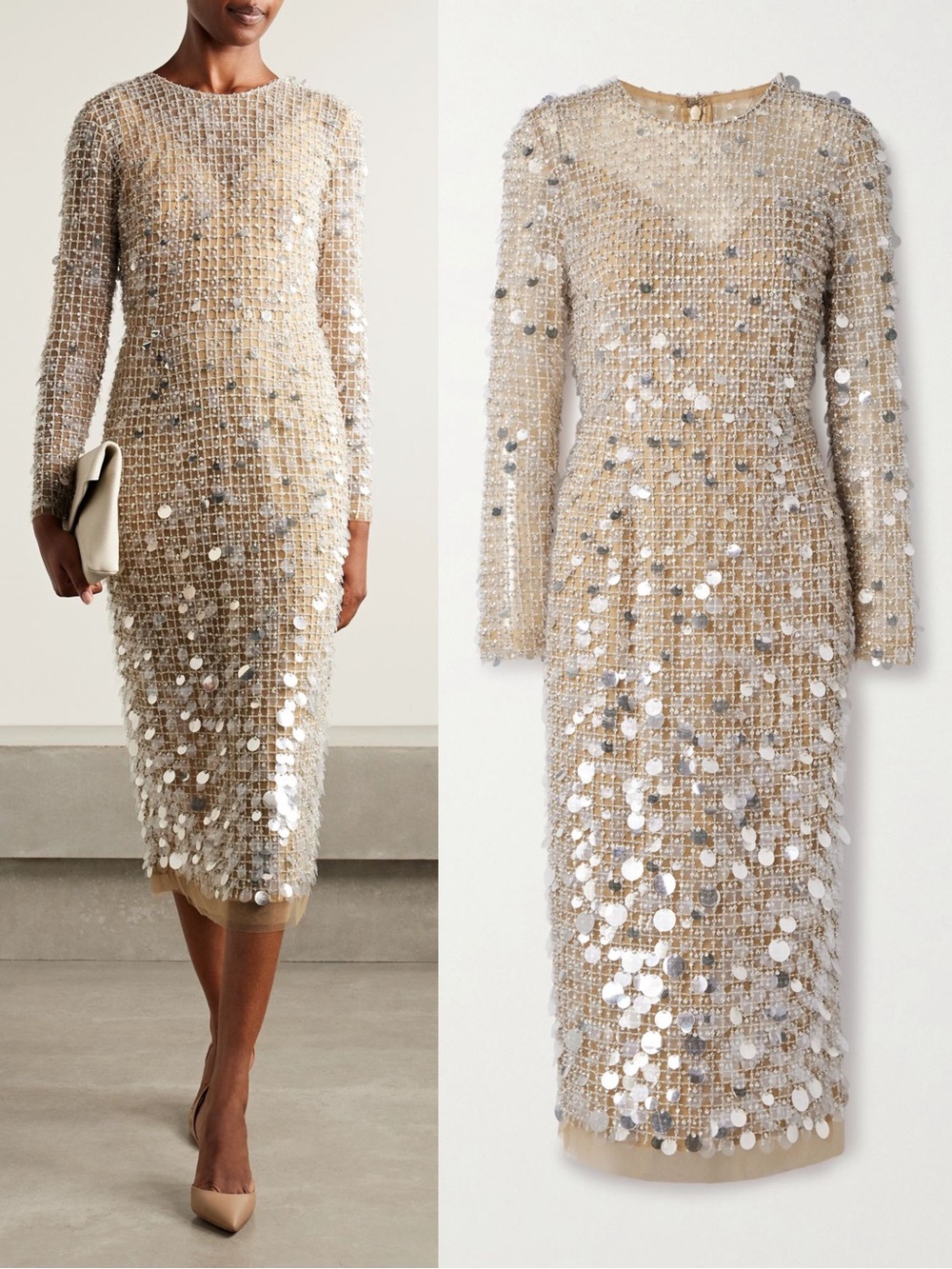 Carolina Herrera Embellished Tulle Midi Dress Long Sleeve Silver NWT Size 4